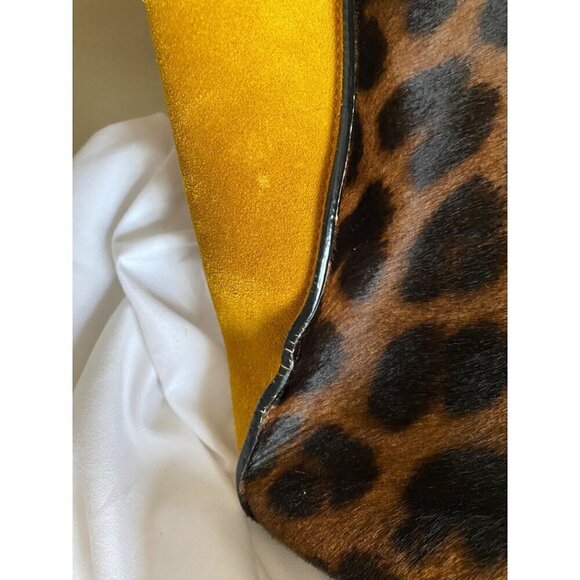 Jimmy Choo Leopard Twist Tote Suede Leather Trim Calf Hair Mustard Yellow Italy - Picture 11 of 16